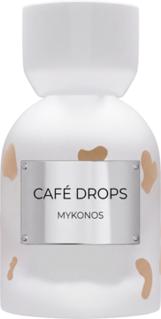 Ekstrakt perfum damskich Mykonos Cafe Drops, biała butelka z beżowymi plamami, srebrna etykieta, przód.