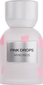 Mykonos Pink Drops perfumy, butelka z matowego szkła z różowymi plamkami, srebrna etykieta, widok z przodu.