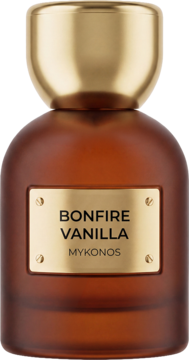 Ekstrakt perfum Bonfire Vanilla Mykonos w matowej, bursztynowej butelce ze złotą etykietą, widok z przodu.