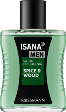 Isana Men Woda po Goleniu Spice & Wood, zielony płyn w przezroczystej butelce z czarną nakrętką, widok z przodu.