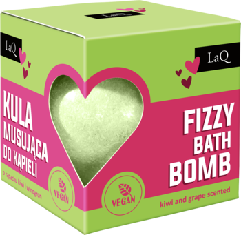 LaQ kula do kąpieli Kiwi & Winogrona w zielono-różowym pudełku z sercem, napis 'Fizzy Bath Bomb', wegańska.