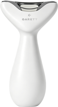 Biały masażer Garett Beauty Lift Skin Pulse do twarzy i szyi, z elegancką srebrną głowicą, widok z przodu.