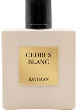 Rayhaan Cedrus Blanc, woda perfumowana w kremowej butelce z czarnym korkiem i złotą etykietą, widok z przodu.