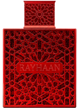 Czerwona butelka perfum Rayhaan Crimson 100ml o ażurowym, orientalnym wzorze z napisem 'RAYHAAN', z przodu.