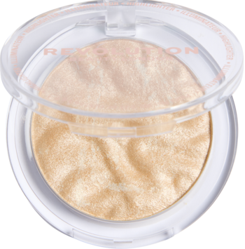 Rozświetlacz Revolution Reloaded Highlighter w otwartym, okrągłym kompakcie. Złoty, wypiekany puder z perłowym blaskiem.