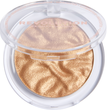 Revolution Reloaded Highlighter Bronze Boldness, złoty rozświetlacz w wypiekanym okrągłym kompakcie, widok z góry.
