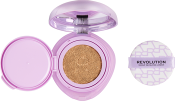 Otwarty liliowy podkład Revolution Superdewy Cushion Foundation w odcieniu Medium Neutral Warm z gąbką.
