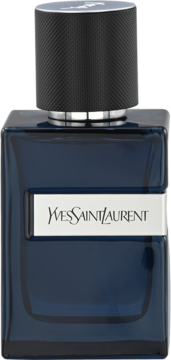 Ciemnoniebieska woda perfumowana Yves Saint Laurent w prostokątnej butelce z czarną, teksturowaną nakrętką i srebrnym pierścieniem.