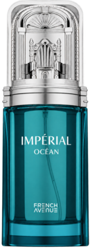 Męskie perfumy French Avenue Imperial Ocean, turkusowa butelka ze srebrną, zdobioną nakrętką, widok z przodu.