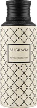 Belgravia unisex woda perfumowana, kremowa butelka z czarnym geometrycznym wzorem i ryflowaną nakrętką, z przodu.