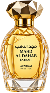 Butelka wody perfumowanej unisex Arabiyat Mahd Al Dhahab, złota, fasetowane szkło, ozdobna złota nakrętka, przód.