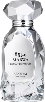 Marwa Extrait de Parfum Arabiyat Prestige, srebrna butelka z diamentowym korkiem i fasetowaną powierzchnią.