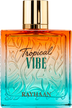 Woda perfumowana Tropical Vibe Rayhaan. Butelka z gradientem pomarańczowo-turkusowym, złota zakrętka, widok z przodu.