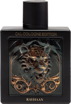 Męska woda perfumowana Rayhaan Cal Cologne, czarna butelka z wypukłym, złotym tygrysem.