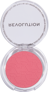 Róż Revolution Blusher Reloaded Pink Lady. Otwarty, okrągły kompakt z matowym różowym pudrem i wytłoczonym logo 'R'.