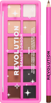 Otwarta, różowa paleta Revolution Beauty London z 10 cieniami i pigmentami, obok brązowa kredka, widok z góry.