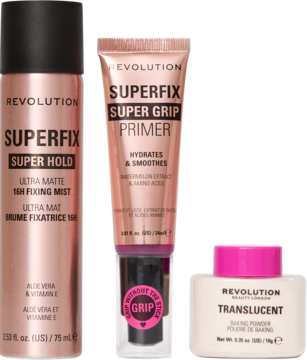 Zestaw Revolution: różowo-złota mgiełka matująca Super Hold, primer Super Grip i puder Translucent, na czarnym tle.