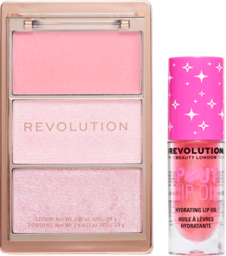 Różowa paleta Revolution z trzema pudrami do twarzy i nawilżający olejek do ust Pout Lip Oil w gwiazdkowej tubce.