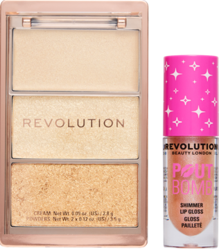 Zestaw Revolution: paleta rozświetlaczy (3 odcienie) i błyszczyk Pout Bomb w złotym kolorze, widok z przodu.