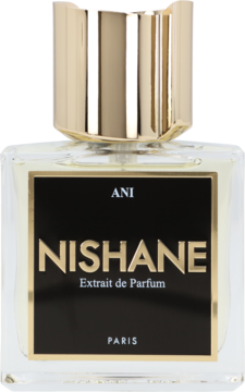 Nishane Ani Extrait de Parfum, prostokątna butelka, czarna etykieta, złota nakrętka, widok z przodu.