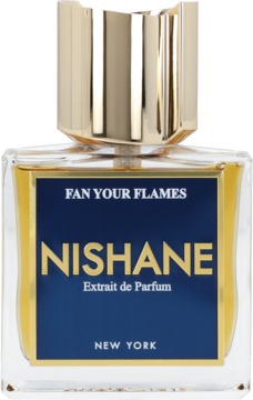 Flakon Nishane Fan Your Flames Extrait de Parfum unisex, złota nakrętka, niebieska etykieta z nutami rumu i tytoniu.