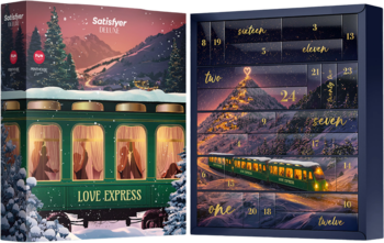 Kalendarz adwentowy Satisfyer DELUXE Love Express, otwarty i zamknięty, z motywem pociągu w zimowym krajobrazie.
