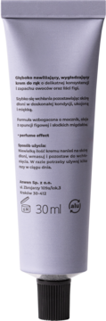 Fioletowa tubka kremu do rąk 30ml o zapachu figi. Tył opakowania z polskim opisem korzyści i składu.