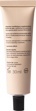 Tył beżowej tubki nawilżającego kremu do rąk 30ml o zapachu klementynki, z czarną nakrętką, widoczne informacje.