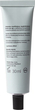 Tył białej tubki 30ml kremu do rąk Aroma, pistacja i gardenia, z polskim opisem składu i producenta.