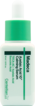 Madeca Azelaic Acid 10+ Calming Serum w białej butelce z zielonym zakraplaczem. Ujęcie z przodu.