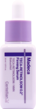 Centellian 24 Madeca Firming Serum z TECA-RETINOLSOM 0.2+ w białej butelce z fioletowym zakraplaczem, widok z przodu.