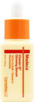 Centellian 24 Madeca Vitamin 15+ Glowing Serum, żółta butelka z pomarańczową zakrętką i pipetą.