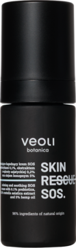 Matowa czarna butelka Veoli Botanica SKIN RESCUE SOS, wyciszająco-łagodzący krem, widok z przodu.
