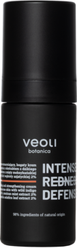 Czarna butelka Veoli Botanica Intense Redness Defense do cery naczynkowej, widok z przodu z białym napisem i pomarańczowym paskiem.