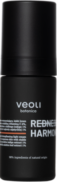Czarne, matowe opakowanie kremu Veoli Botanica REDNESS HARMONY, widok z przodu, kojący krem do cery naczynkowej.