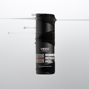 VOOLI REDNESS RESCUE PEEL, czarna butelka peelingu do cery naczynkowej zawieszona, z kroplami.
