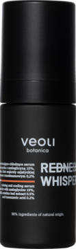 Veoli Botanica REDNESS WHISPERER serum w czarnej butelce z białymi napisami. Widok z przodu, na ukojenie cery.