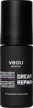 Czarna butelka Veoli Botanica DREAM REPAIR, regenerującego kremu na noc, z białymi napisami, widok z przodu.