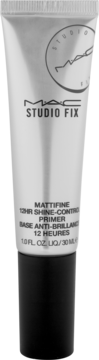 MAC Studio Fix Mattifine 12HR Shine-Control Primer w srebrnej tubce z czarnym tekstem i zakrętką, widok z przodu.