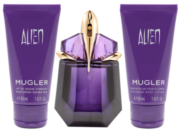 Zestaw Thierry Mugler Alien: fioletowa woda perfumowana w kształtnej butelce, mleczko i balsam 50 ml.