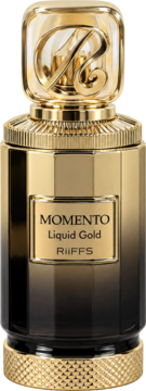 Złoto-czarny flakon perfum Riiffs Momento Liquid Gold z gradientem, ozdobnym korkiem i etykietą, widok z przodu.