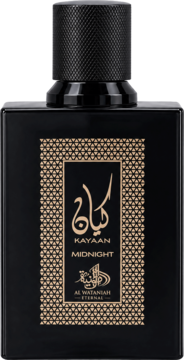 Czarna butelka perfum Kayaan Midnight Al Wataniah, z rowkowanym korkiem i złotą etykietą z arabskim pismem.