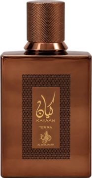 Kayaan Terra Al Wataniah, dymno-żywiczna woda perfumowana w brązowej butelce z teksturowanym korkiem.