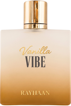 Rayhaan Vanilla Vibe EDP, gradientowa butelka waniliowych perfum, z matowym szkłem i złotą nakrętką.