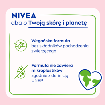 NIVEA, zielona grafika: wegańska formuła mleczka bez mikroplastików. Dba o Twoją skórę i planetę.