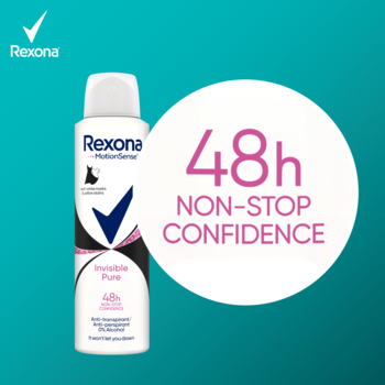 Biały antyperspirant Rexona Invisible Pure 48h na turkusowym tle z różowym napisem 48h NON-STOP CONFIDENCE.
