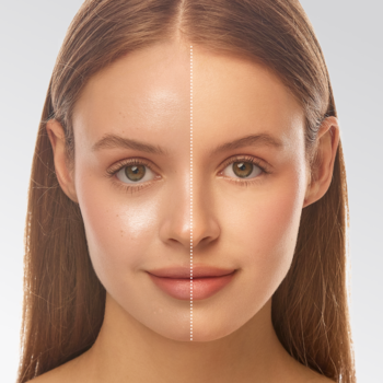 Porównanie skóry kobiety przed i po: podkład Matt & Smoothing 105 Sand dla zmatowienia i wygładzenia cery.