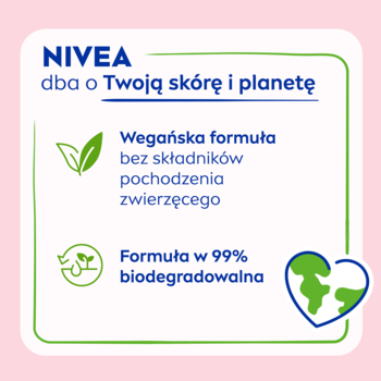Niebiesko-zielona grafika NIVEA 'dba o skórę i planetę' z wegańską i 99% biodegradowalną formułą.