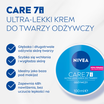 NIVEA Care 7w1 Ultra-Lekki Krem do Twarzy Odżywczy. Niebieski słoiczek i lista 4 korzyści na jasnym tle.
