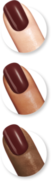 Sally Hansen Miracle Gel 480 Wine Stock. Trzy palce w różnym odcieniu skóry z błyszczącym, ciemnoczerwonym lakierem.